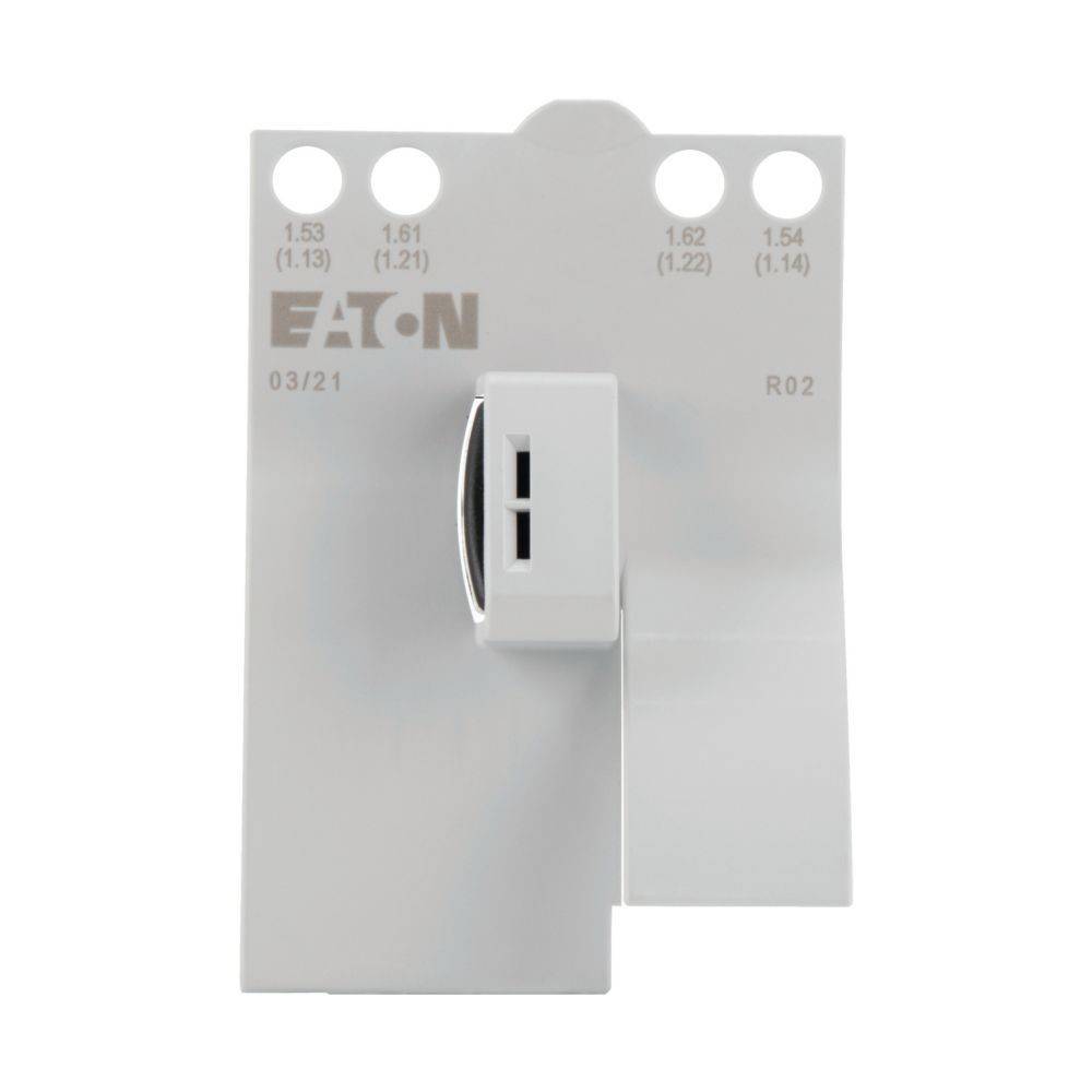 Eine weiße elektrische Komponente mit einem auffälligen zentralen Schalter, mit der Aufschrift 'EATON' und markiert mit numerischen Spezifikationen darüber.