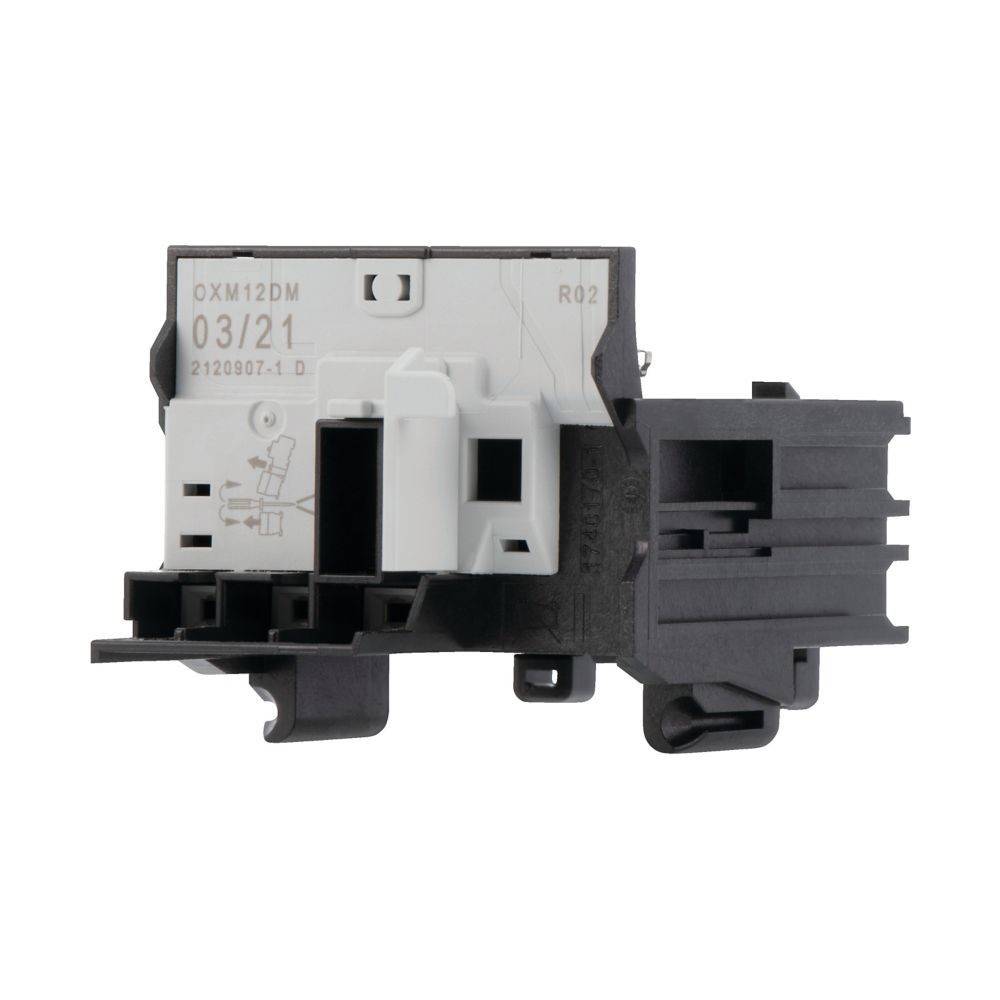 Elektrische Komponente mit beschrifteten Anschlüssen, weiße und schwarze Abschnitte, auf deren Oberfläche die Modellnummer 'OXM12DM' und das Datum '03/21' sichtbar sind.