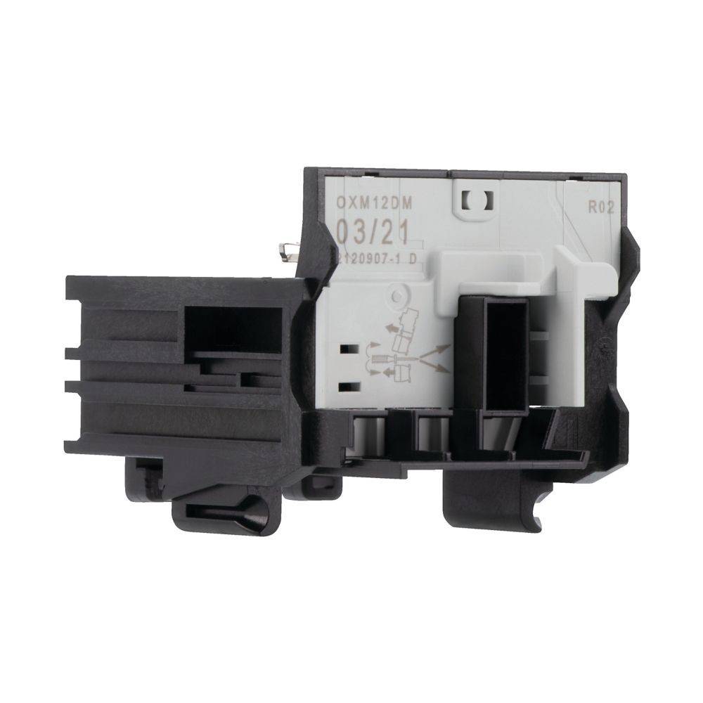 Eine schwarz-weiße elektrische Komponente mit Anschlüssen, beschriftet mit 'OXM12DM', '03/21', mit einem gedruckten Schaltkreisdiagramm.