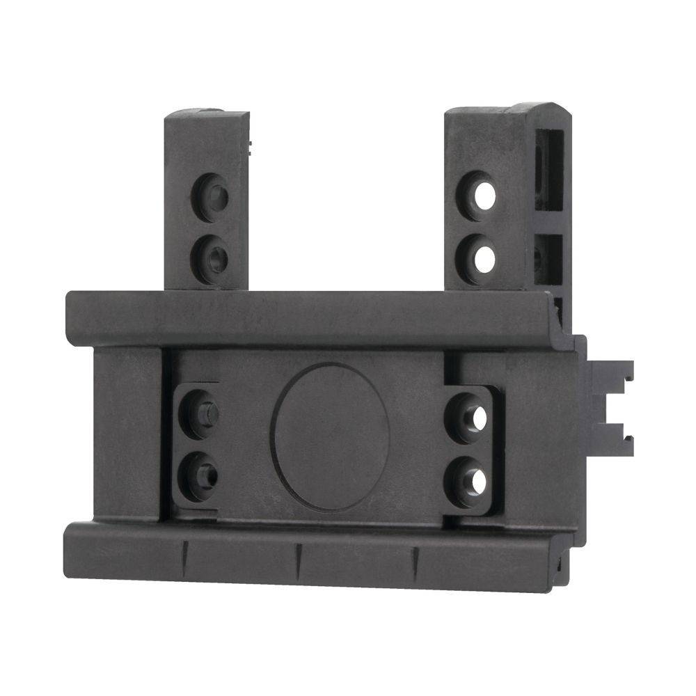 Schwarze Kunststoff-Montageklammer mit mehreren Löchern und Schlitzen für Kabelführung oder elektronische Bauteile.
