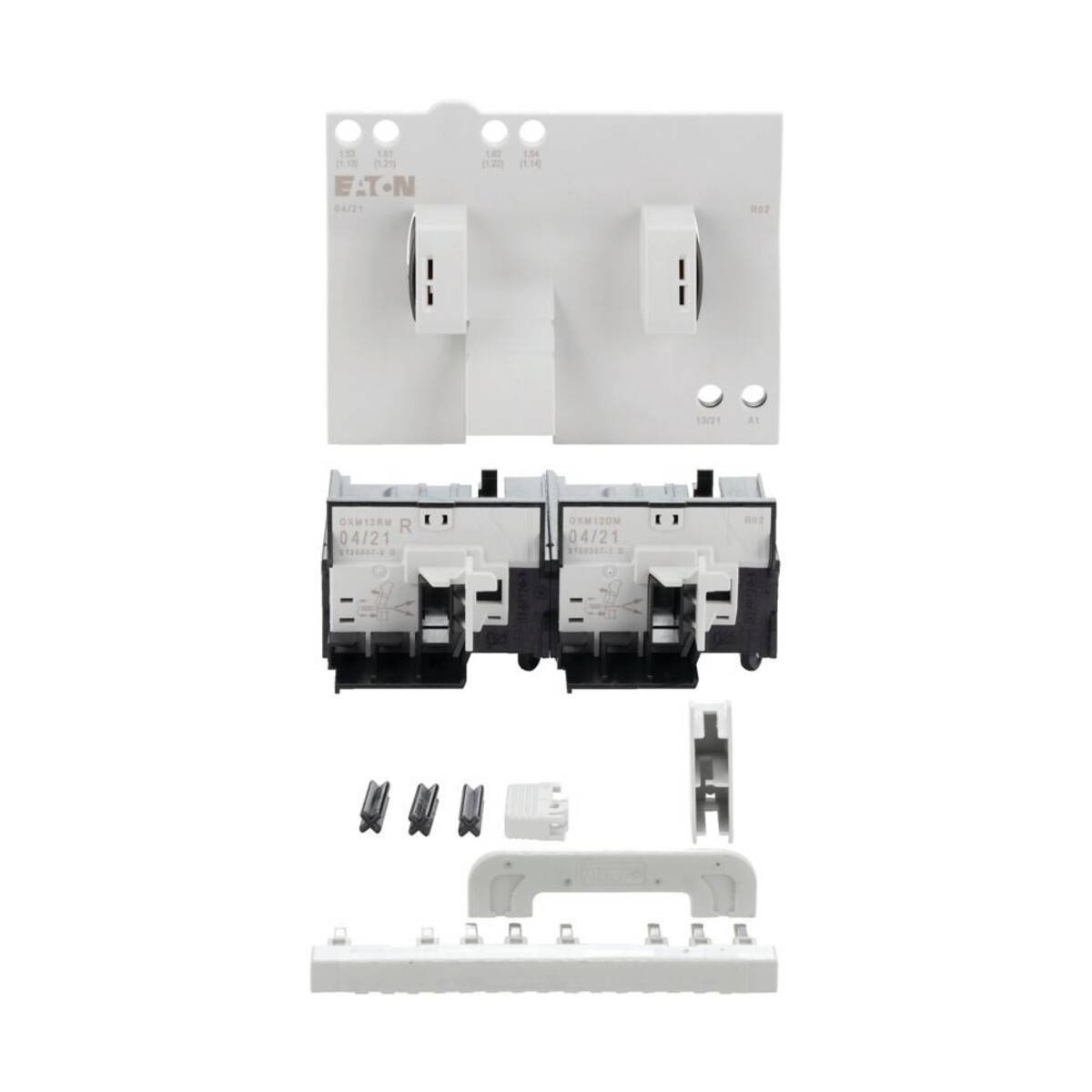 Elektrische Schaltereinheit; umfasst Schaltpanel mit zwei Schaltern, zwei Schalteinheiten, Anschlüssen und Installationsbasis.