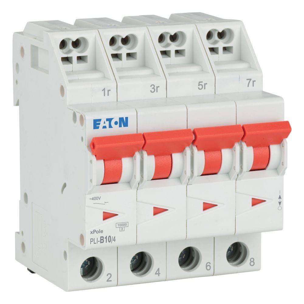 Ein weißer Eaton-Leistungsschalter mit vier roten Schaltern, beschriftet mit 1r, 2r, 3r und 4r. Nummerierte Anschlüsse 2, 4, 6 und 8 befinden sich am unteren Ende.