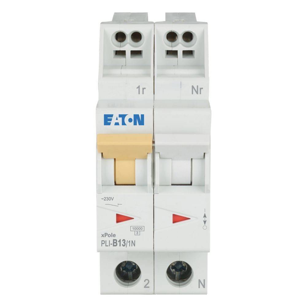 Zweipol-Leitungsschutzschalter mit Eaton-Branding, gekennzeichnet als 'xPole PLI-B13/1N'. Geeignet für elektrische Schutzanwendungen.