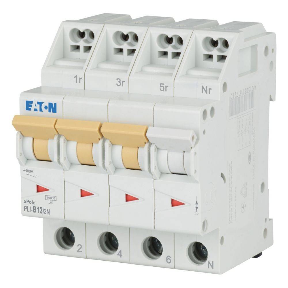 Ein vierpoliger Leistungsschalter von Eaton mit Schaltern, die mit 1r, 3r, 5r und Nr beschriftet sind, ausgelegt für elektrische Sicherheits- und Steuerungsanwendungen.