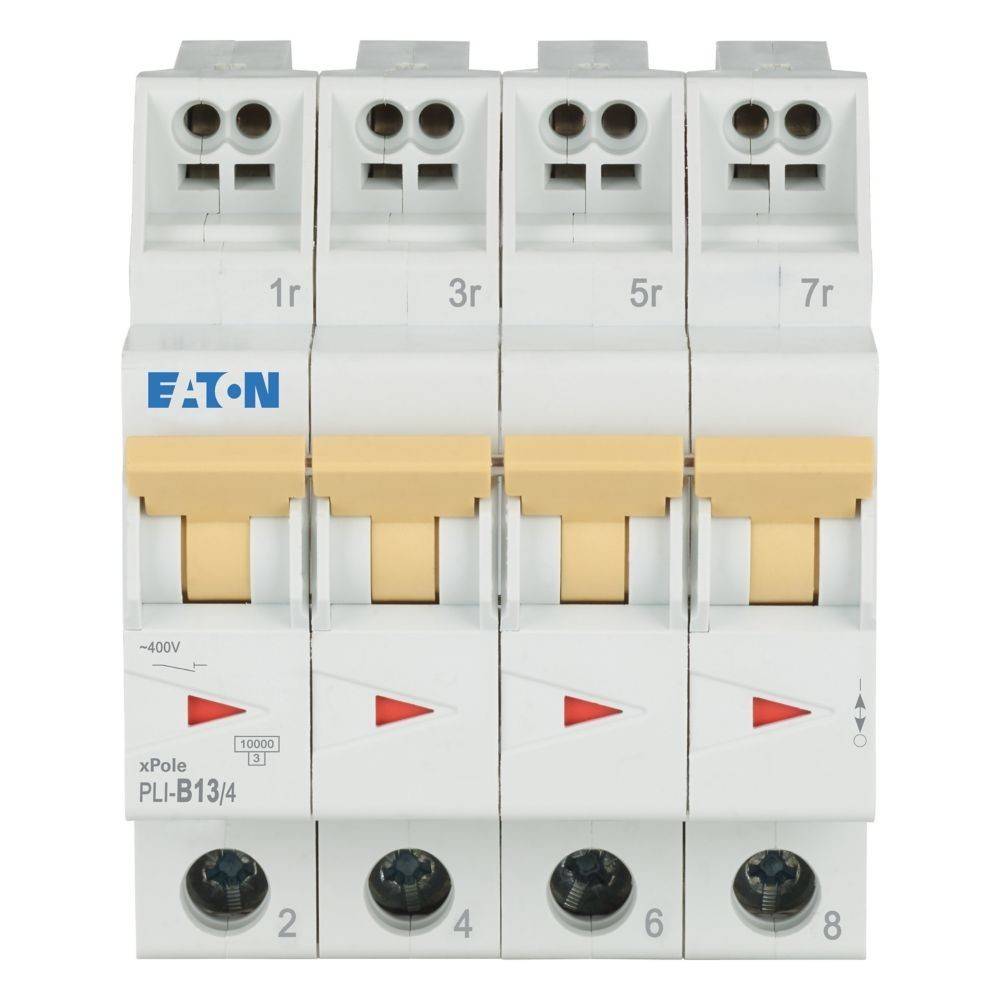 Ein elektrischer Leitungsschutzschalter mit vier Schaltern, beschriftet mit '1r', '3r', '5r' und '7r'. Das Herstellerlogo und das Modell 'PLI-B13/4' sind sichtbar.