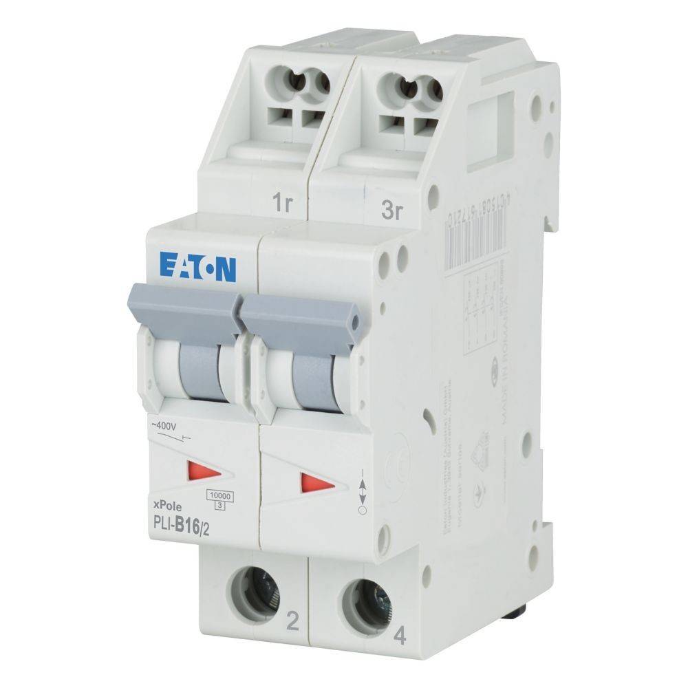 Ein weißer Eaton xPole PLI-B16/2 Leistungsschalter mit zwei Schaltern, gekennzeichnet mit „1r