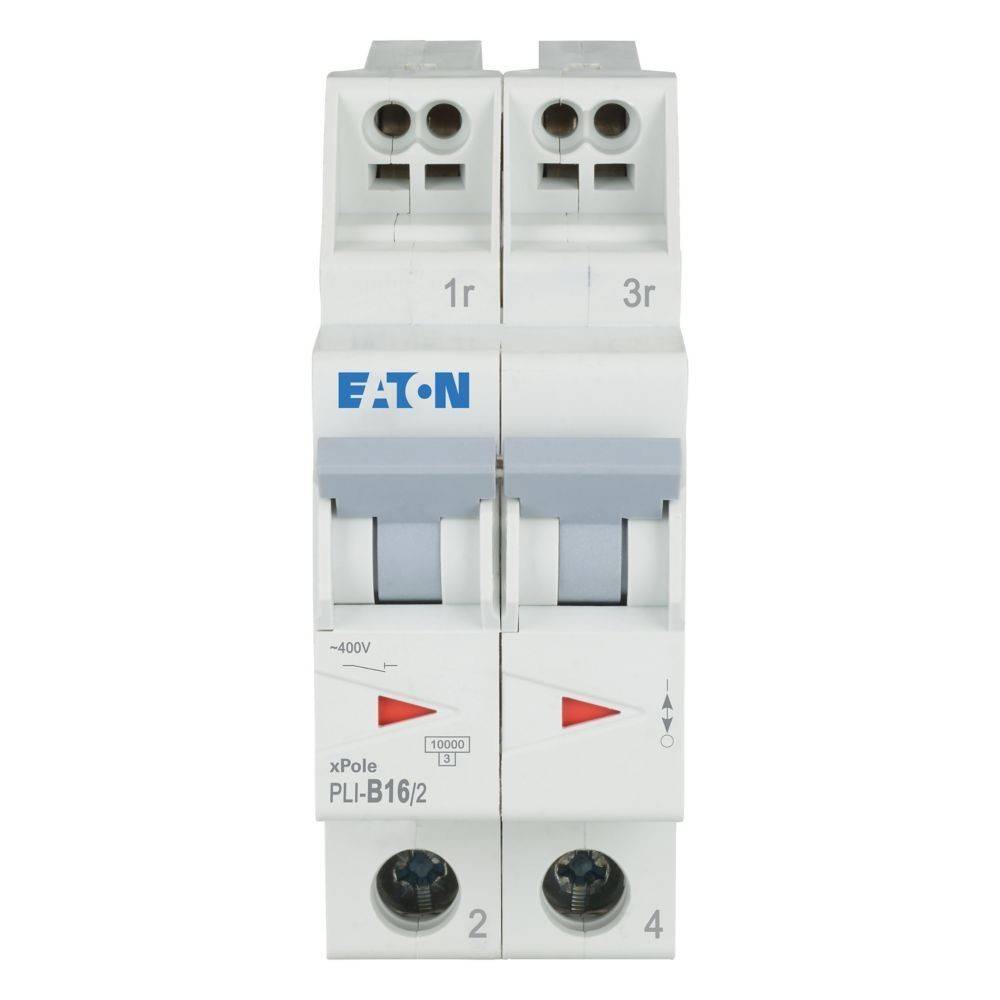 Zweipolige Sicherung von Eaton xPole PLI-B16/2, mit zwei Schaltern, geeignet für elektrische Sicherheit und Stromkontrolle.