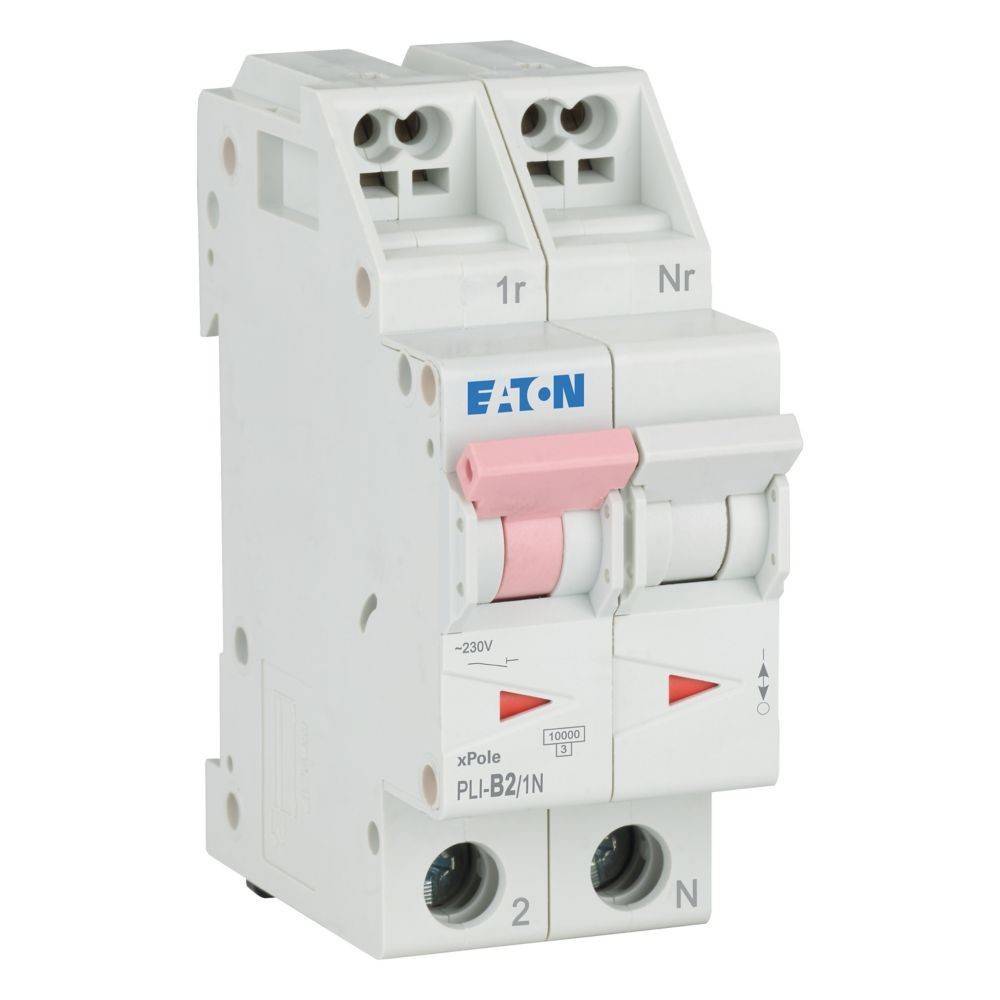 Eaton PLI-B21N Leistungsschalter mit Doppelschaltern, gekennzeichnet mit 1r und Nr, sowie Indikator-Symbolen, die Betriebseinstellungen anzeigen.