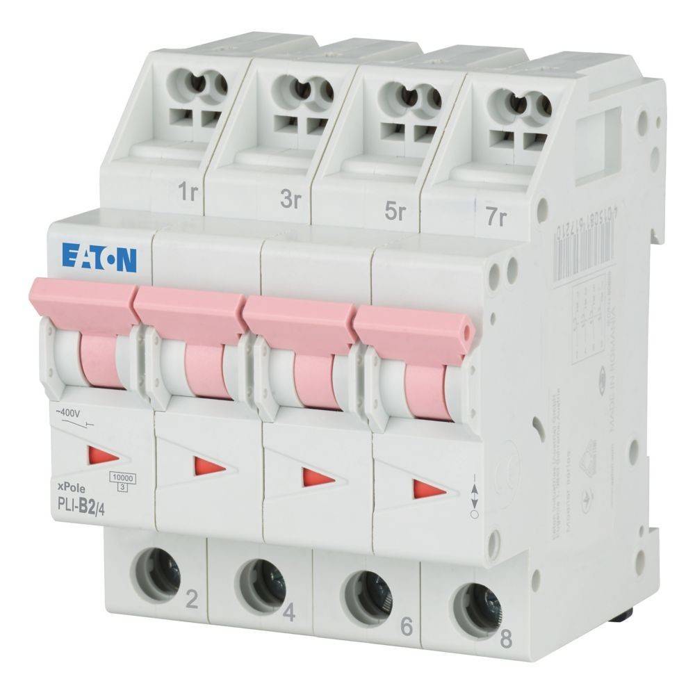 Leitungsschutzschalter mit vier Schaltern, beschriftet mit '1f', '3r', '5r', '7r'; Marke 'Eaton'; für elektrische Sicherheits- und Steuerungsanwendungen.