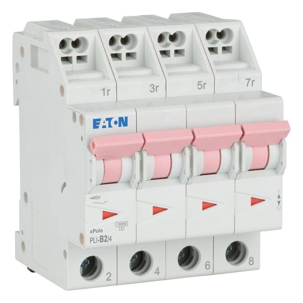 Ein Vier-Pol-Leistungsschalter mit rosa Kippschaltern und der Aufschrift 'Eaton xPole PLI-B24' an der Vorderseite, entwickelt für elektrische Sicherheit.