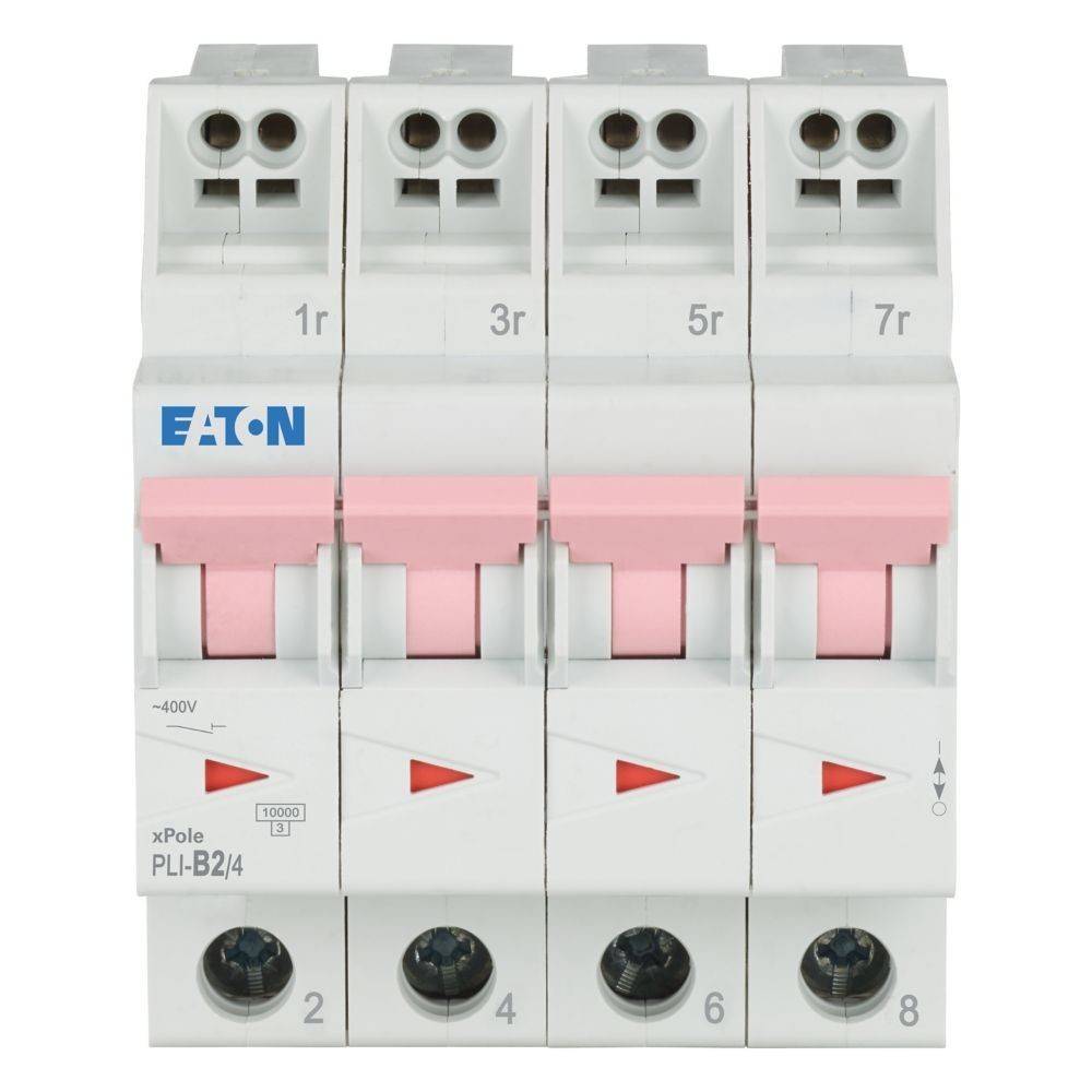 Vier automatische Leistungsschalter mit einem weiß-pinken Design sind vertikal ausgerichtet. Jeder Schalter ist mit den Nummern 1r bis 7r beschriftet.