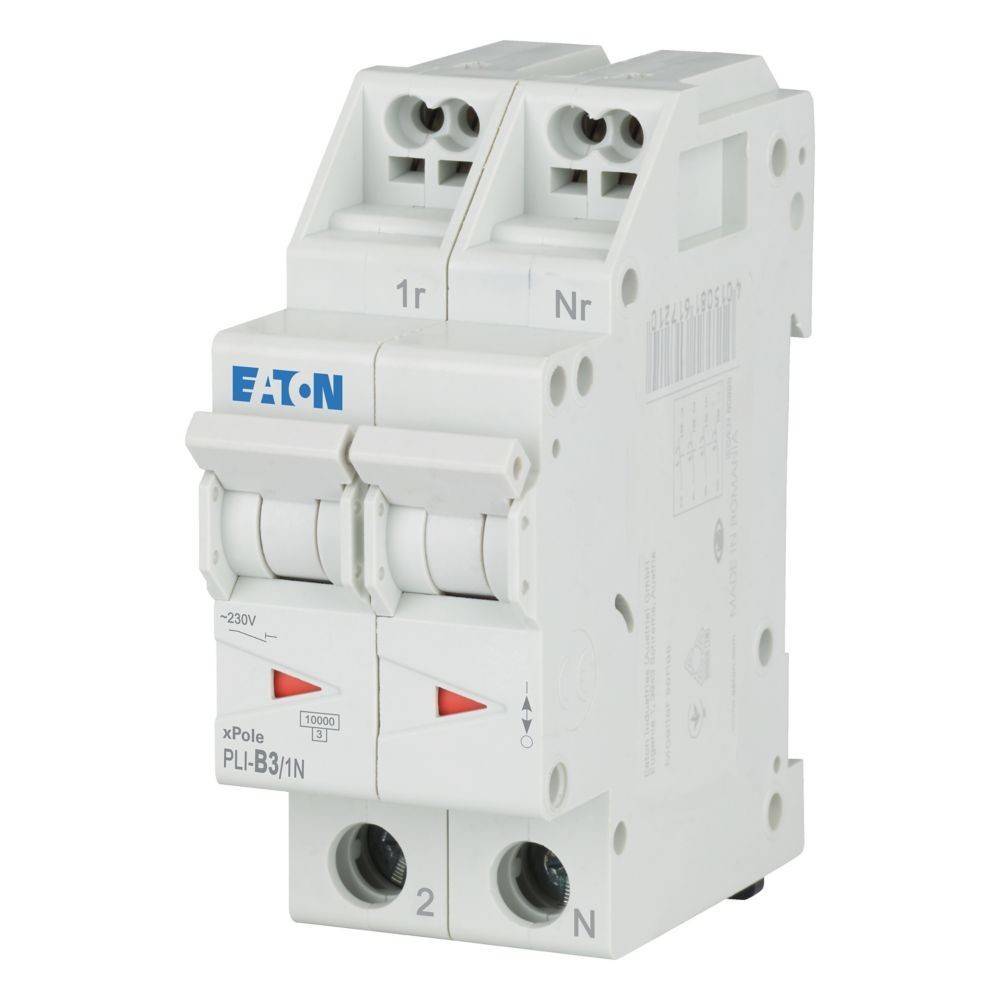 Ein weißer Zweipol-Leitungsschutzschalter mit 'Eaton' Branding, beschriftet als '230V xPole PL4-B3/1N.