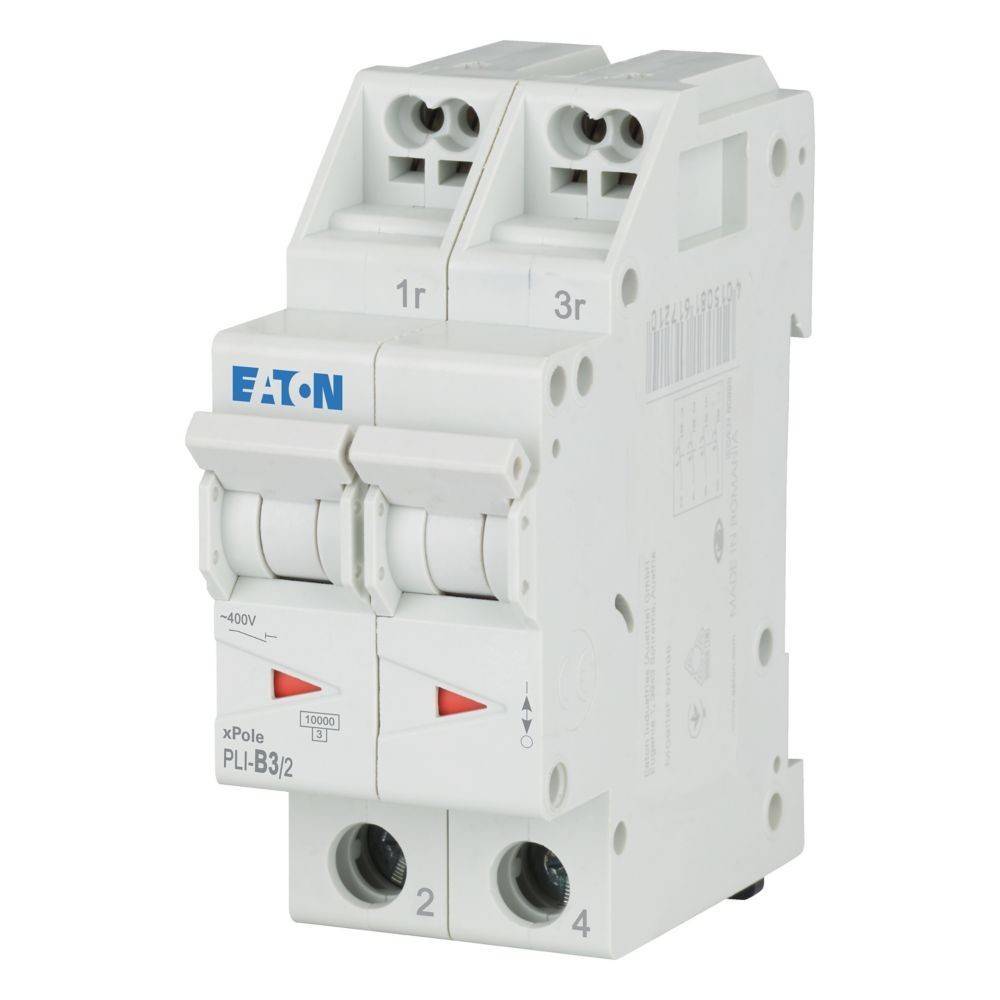 Ein weißer Eaton xPole PLI-B3/2 Leistungsschalter mit zwei Schaltern, die mit 1r und 3r beschriftet sind, ausgelegt für elektrischen Leitungsschutz.