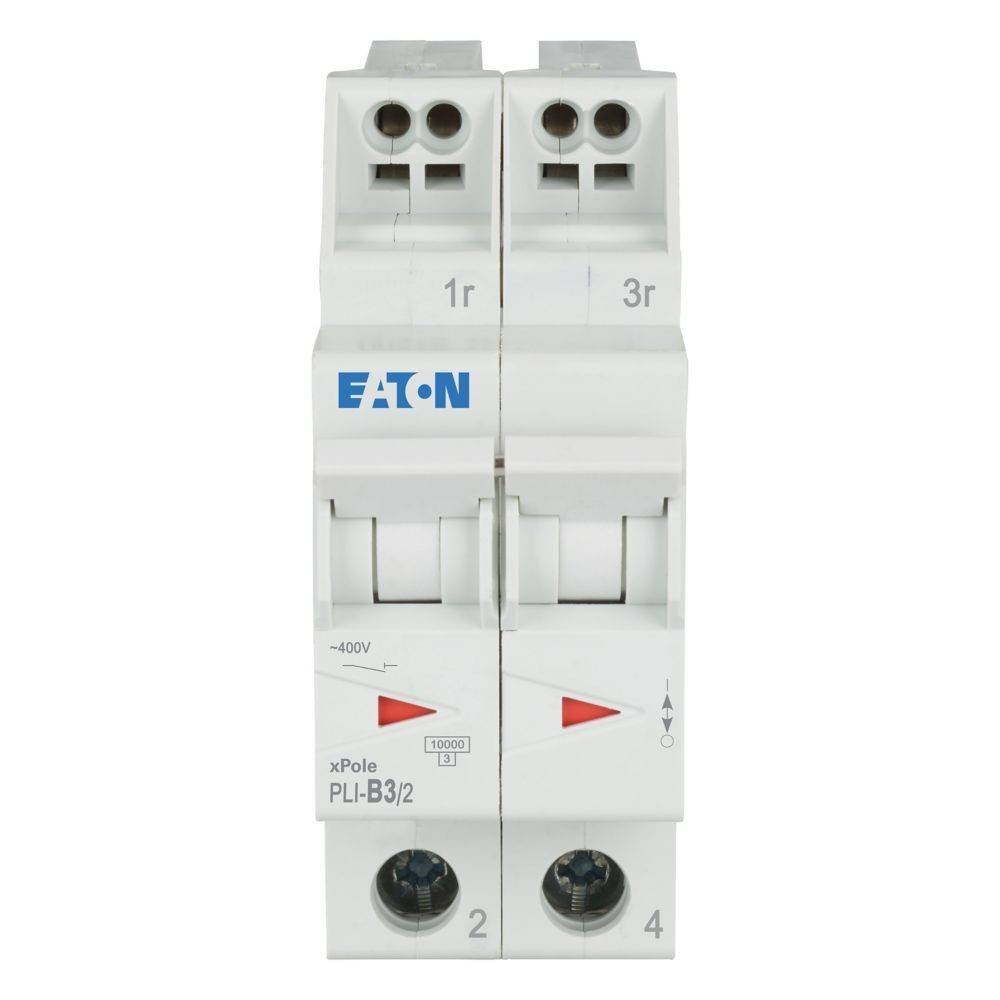 Eaton xPole PLI-B3/2 Leistungsschalter mit Doppelschaltern, beschriftet mit 1r und 3r, verwendet für elektrische Sicherheit in Stromkreisen, Frontansicht.