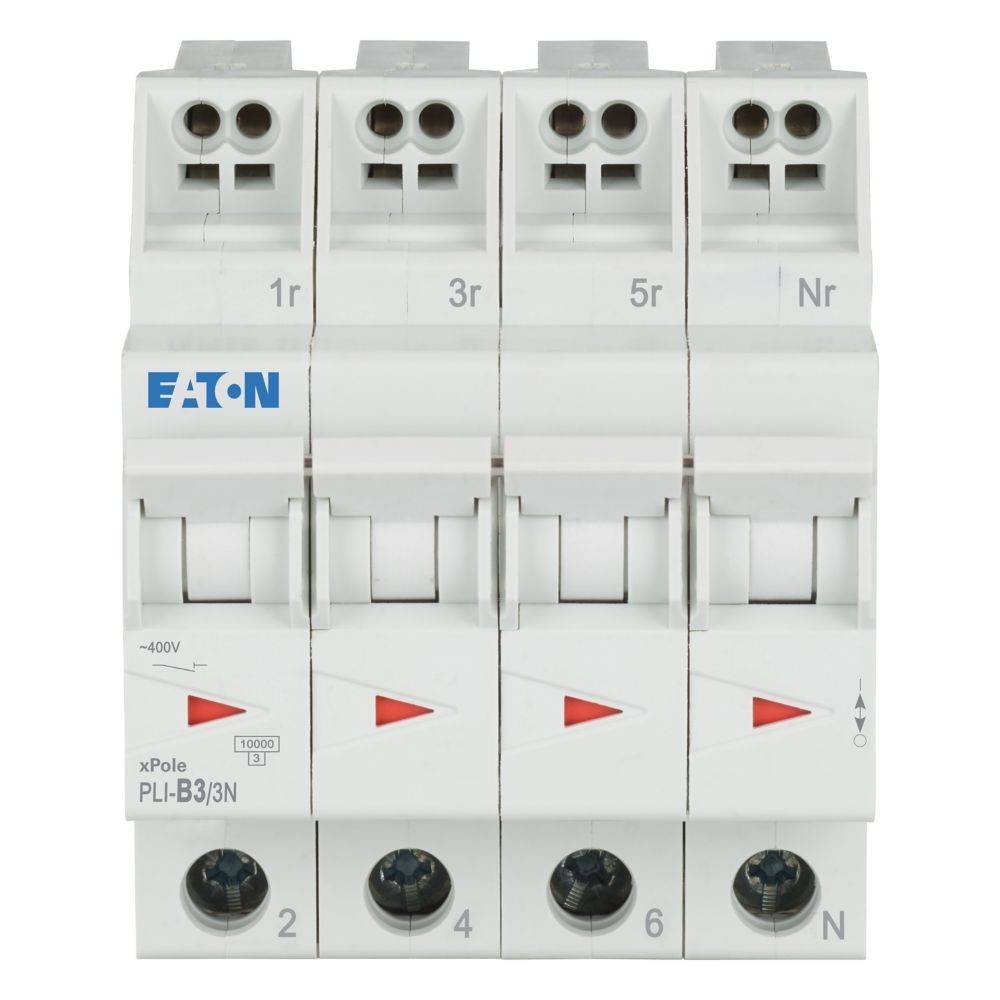 Eaton PLI-B3/3N Leitungsschutzschalter mit vier Schaltern, beschriftet mit '1r', '3r', '5r' und 'Nr'. Verwendet für den elektrischen Leitungsschutz.