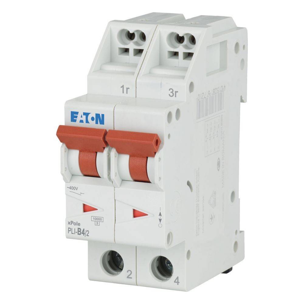 Zweipol-Leitungsschutzschalter mit roten Schaltern, gekennzeichnet als 'Eaton xPole PLI-B4/2', ausgelegt für -400V. Geeignet zum Schutz elektrischer Stromkreise.