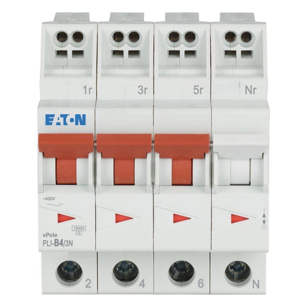 Ein vierpoliger Leistungsschalter mit roten Umschaltern, gekennzeichnet mit 'Eaton xPole PLI-B4/3N', verwendet für elektrische Verteilung und Schutz.