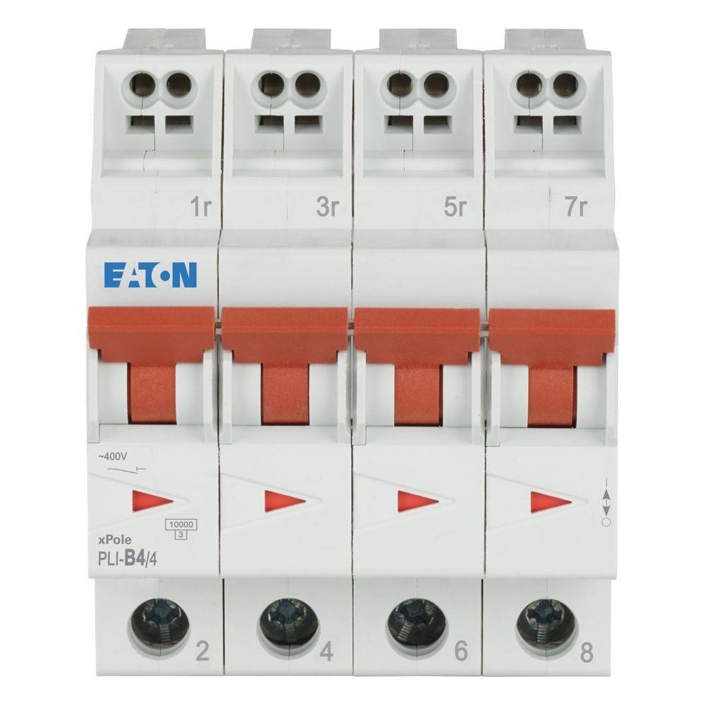Vier weiße Sicherungsautomaten von Eaton, mit den Bezeichnungen '1r', '3r', '5r', '7r', ausgestattet mit roten Schaltern und den Nummern 2, 4, 6, 8 am unteren Ende.
