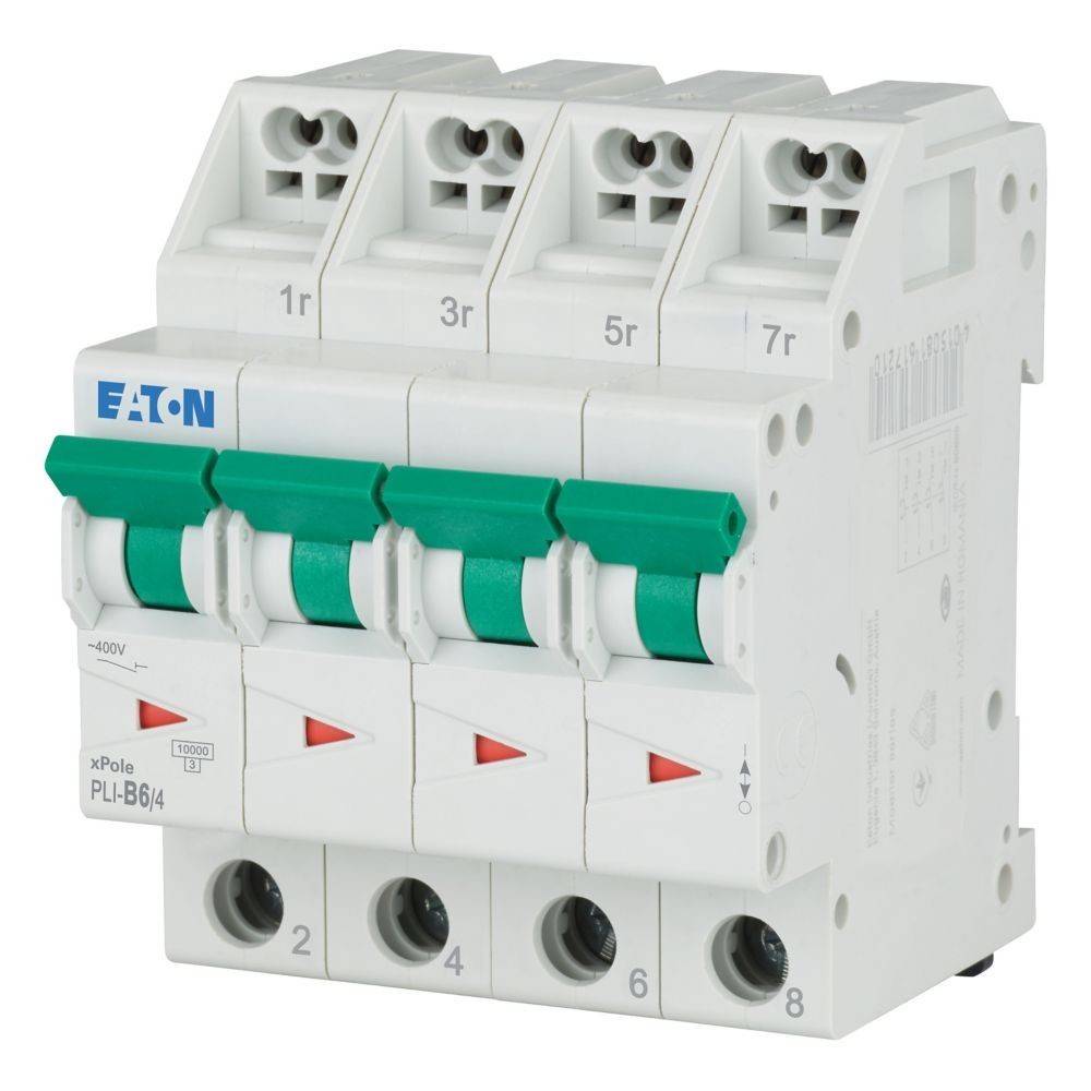 Ein weißer und grüner Vier-Pol-Leitungsschutzschalter mit beschrifteten Schaltern '1r', '3r', '5r' und '7r', geeignet für elektrische Schutzaufgaben.