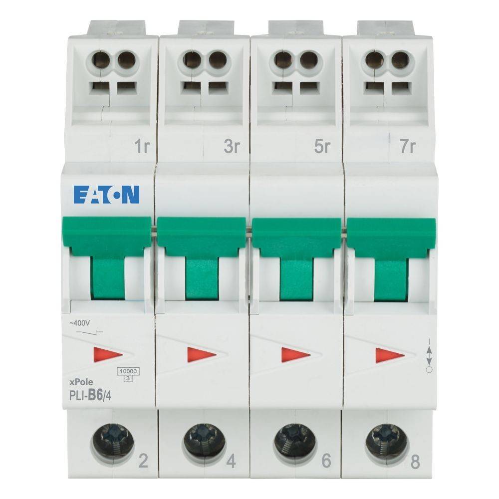 Eaton xPole PLI-B6/4 Leitungsschutzschalter mit vier Schaltern, gekennzeichnet mit 1r, 3r, 5r, 7r, und Anzeigen für 400V.