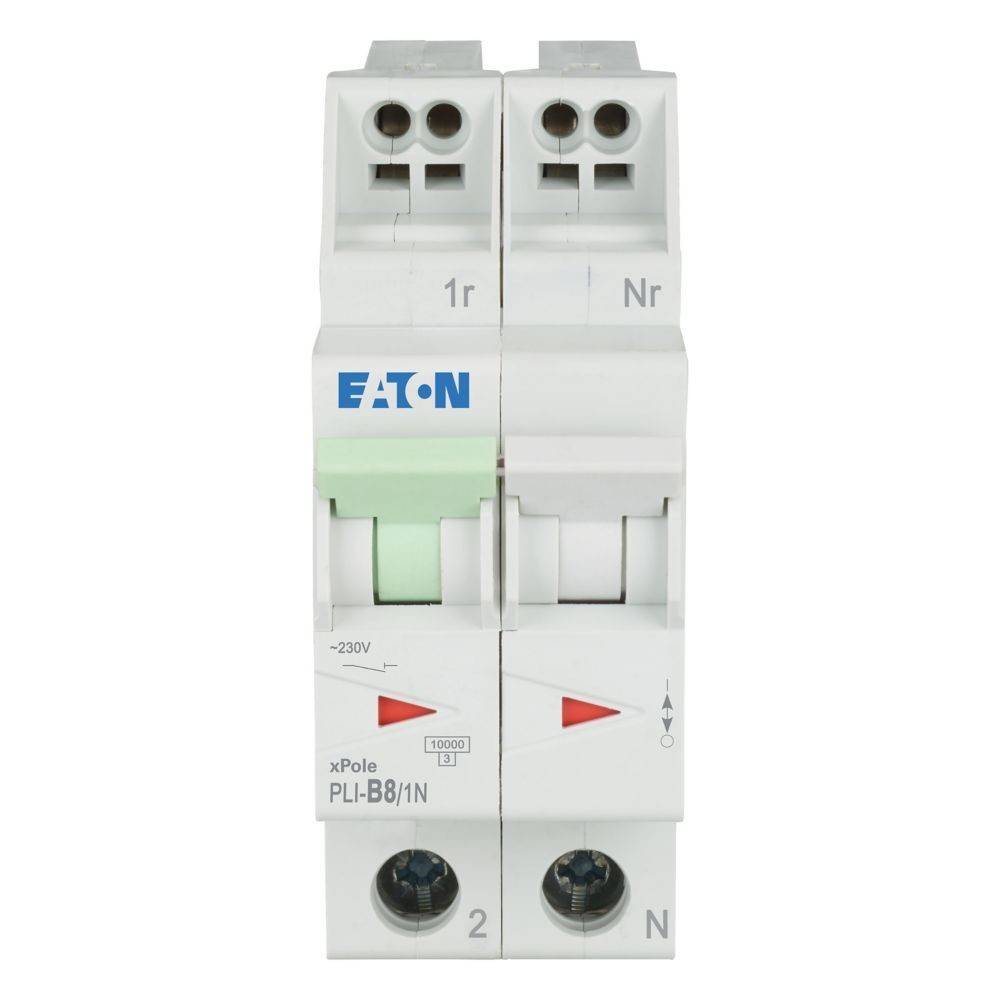 Ein weißer Eaton-Leitungsschalter mit zwei Schaltern, gekennzeichnet mit '1r' und 'Nr'. Er ist mit '230V' und 'xPole PLI-B8/1N' für elektrische Systeme markiert.