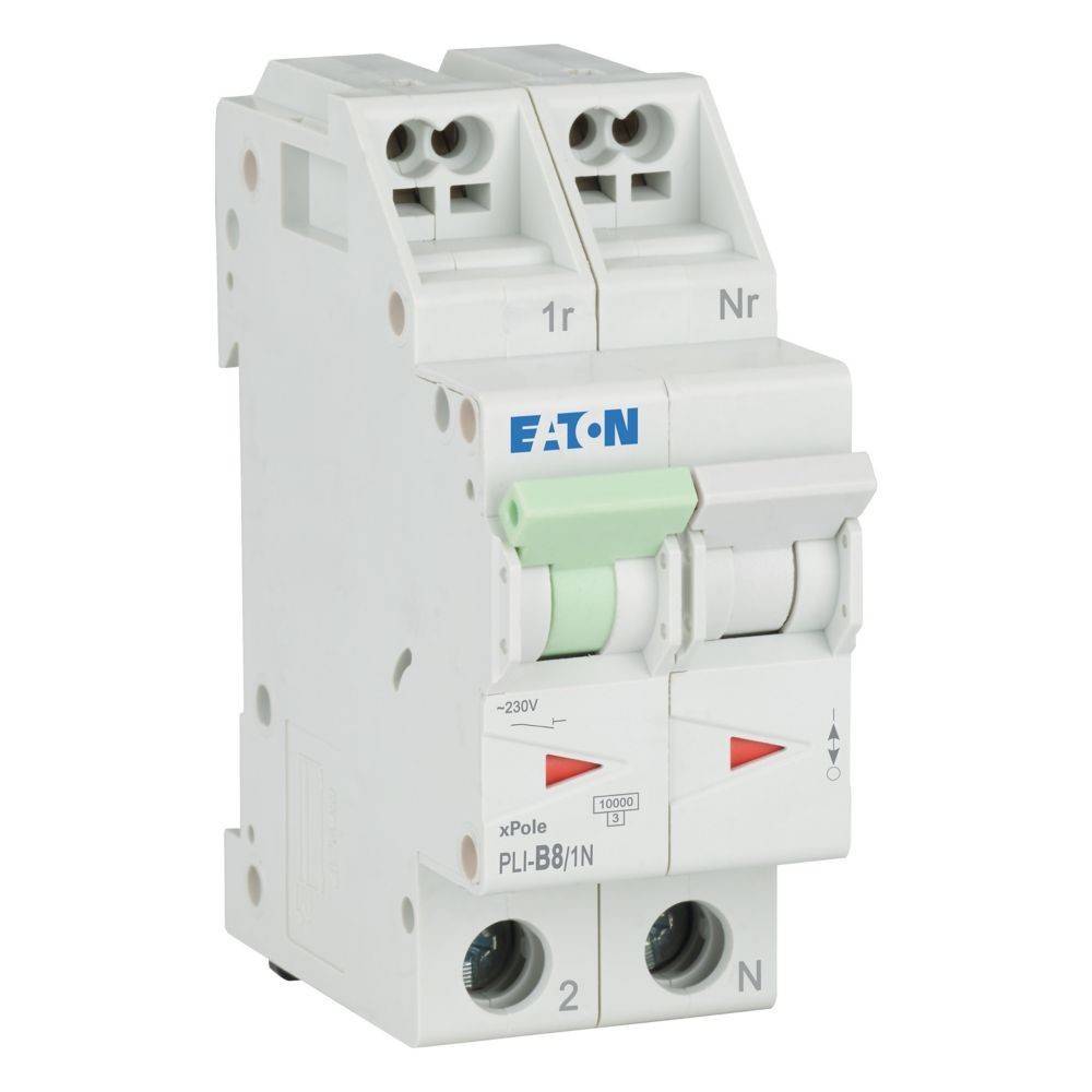 Doppelpoliger Leistungsschalter mit Eaton-Logo, beschriftet mit 1r und Nr, dargestellt mit EIN/AUS-Schaltern, ausgelegt für 230V, Modell PLI-B81N.