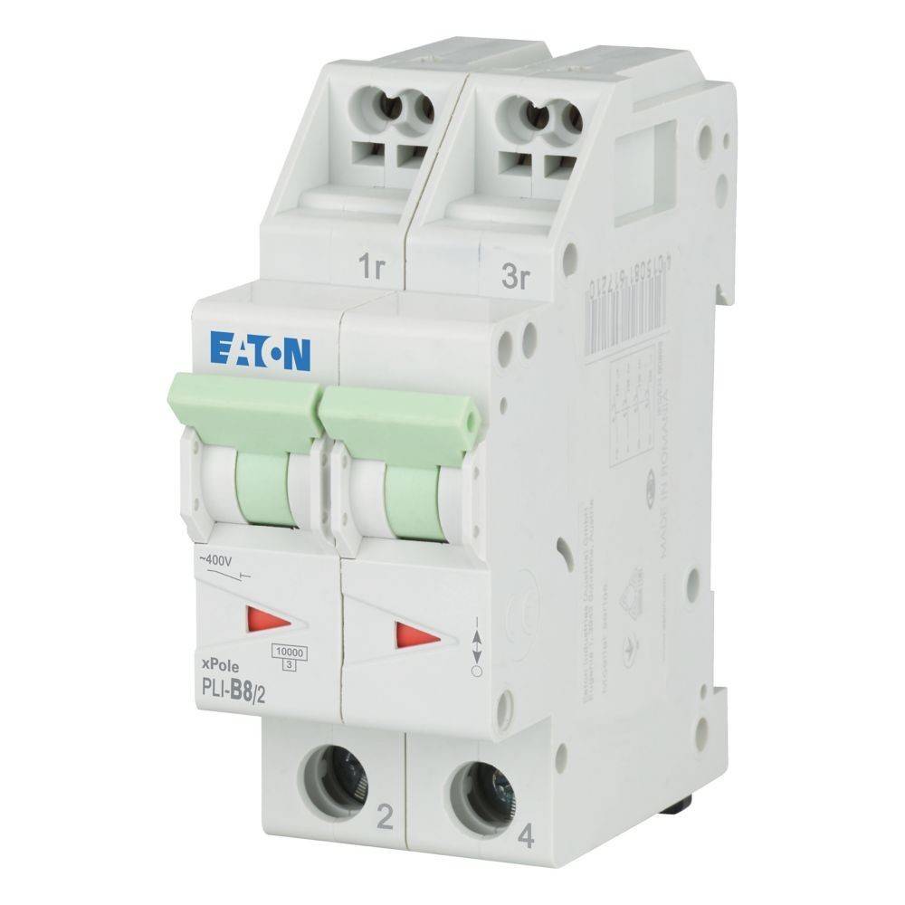 Ein weißer Eaton xPole Leistungsschalter mit zwei Schaltern, die mit '1r' und '3r' beschriftet sind, und einer Spannungsanzeige von 400V an der Vorderseite.