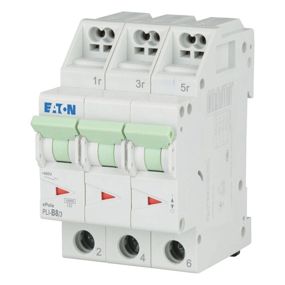 Ein dreipoliger Leistungsschalter mit weißem Gehäuse und grünen Kippschaltern, mit dem Etikett 'Eaton', entwickelt für elektrische Sicherheitsmanagement.