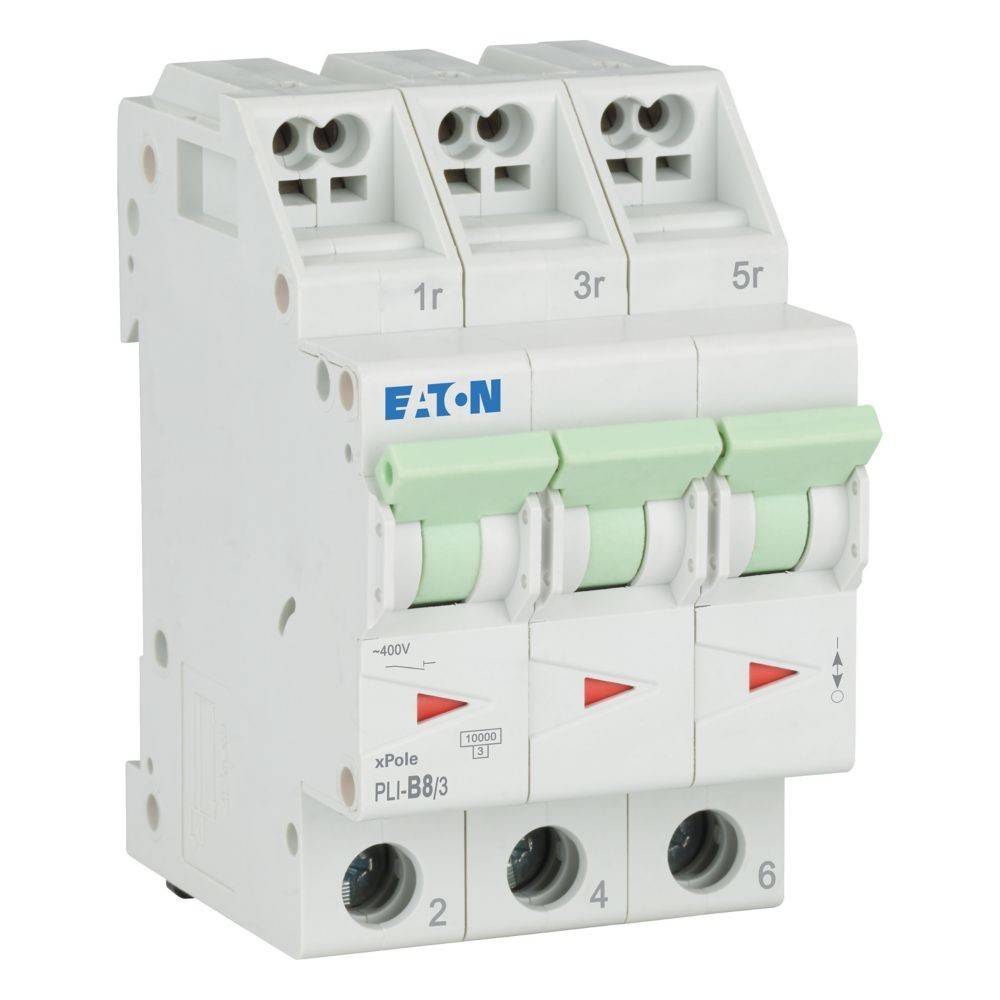 Ein 3-phasiger Eaton xPole Leistungsschalter mit drei Schaltern, beschriftet mit '1r', '3r' und '5r', entwickelt für elektrische Sicherheit und Steuerung.