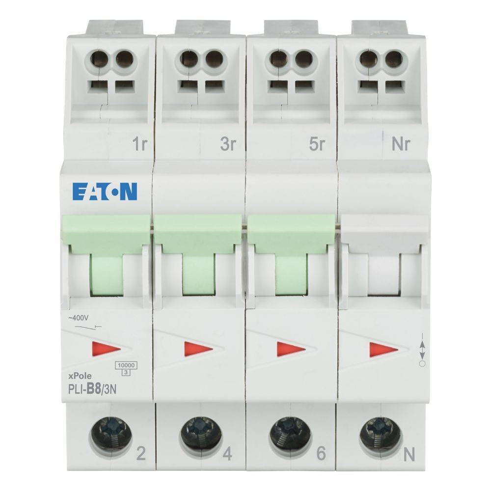 Ein vierpoliger Leistungsschalter mit der Bezeichnung 'Eaton' mit Schaltern, gekennzeichnet mit 1r, 3r, 5r, Nr. Verwendet für elektrischen Leitungsschutz.