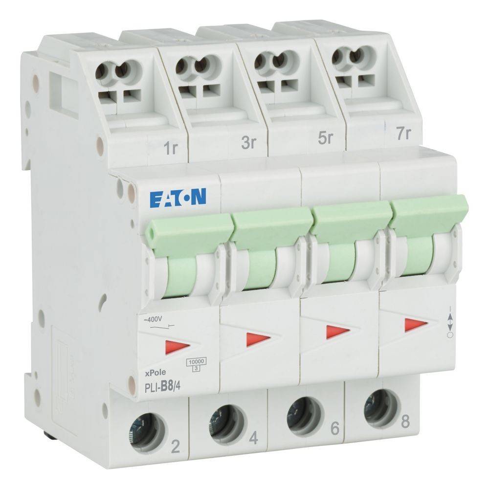 Vierpolige Leitungsschutzschalter mit grünen Schaltern, gekennzeichnet mit ‚Eaton' und ‚4P' zum Schutz des elektrischen Systems.