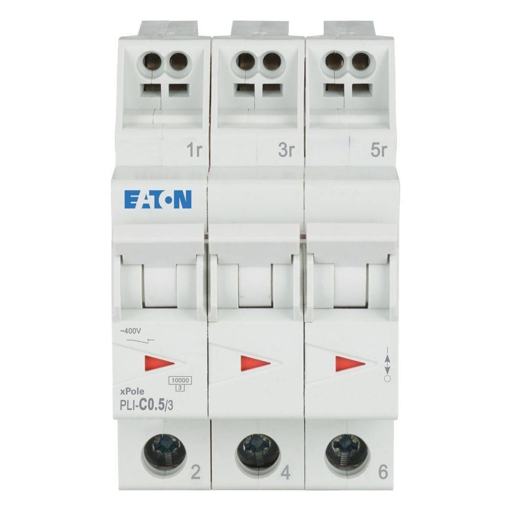 Eaton' Marken-Dreipol-Leistungsschalter mit beschrifteten Anschlüssen (1, 2, 3, 4, 5, 6), Pfeilmarkierungen und xPole PLI-C0,5/3 Kennzeichnung.