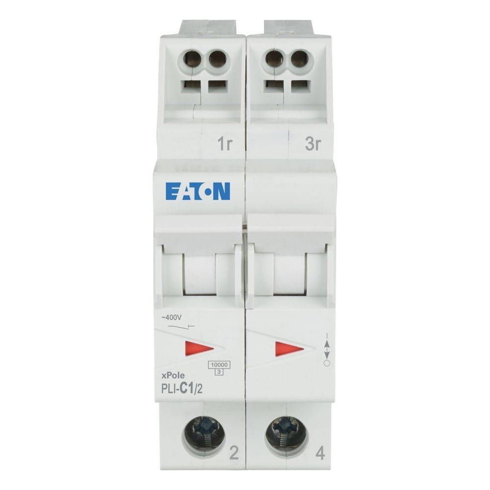 Elektrisches Gerät mit der Bezeichnung 'Eaton xPole PLI-C12', ausgestattet mit Schaltern und Anzeigen zur Stromkreisabsicherung.