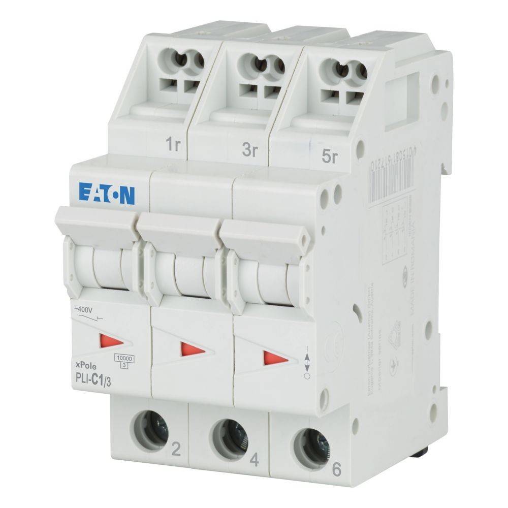 Ein weißer Dreiphasen-Leistungsschalter mit der Markenbezeichnung 'EATON' und drei Schalthebeln mit den Beschriftungen 1r, 3r und 5r, der für elektrische Sicherheit verwendet wird.