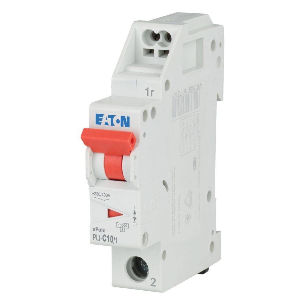 Ein weißer Sicherungsautomat mit rotem Schalter, gekennzeichnet mit 'Eaton' und 'xPole PL4-C10/1', ausgelegt für 230/400V-Systeme, verwendet für elektrische Sicherheit.
