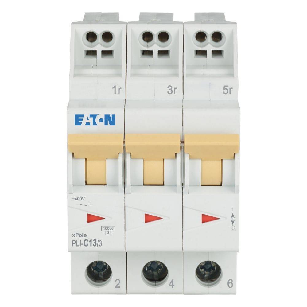 Eaton xPole PLI-C13/3 Leistungsschalter mit drei Polen, gekennzeichnet mit 1r, 3r und 5r, welche die Positionen für elektrische Anschlüsse angeben.