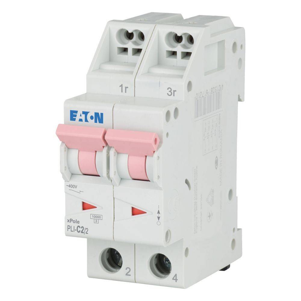 Eaton xPole PLI-C2/2 Leitungsschutzschalter, weiß mit pinken Schaltern, zweipolig für elektrische Sicherheitsverwaltung, Vorder- und Seitenansicht.