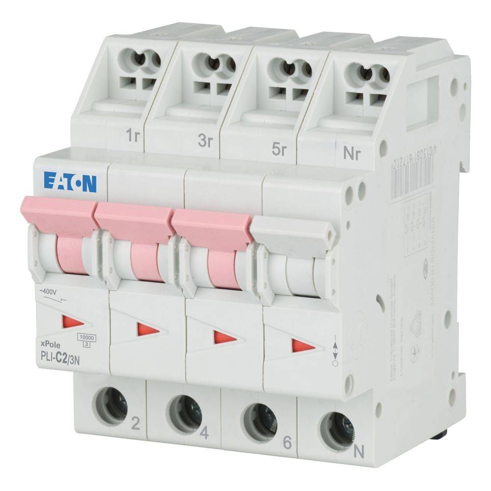Ein weißer und rosa Eaton xPole PLCJ23N Leistungsschalter mit vier Schaltern, beschriftet mit 1r, 3r, 5r und Nr.