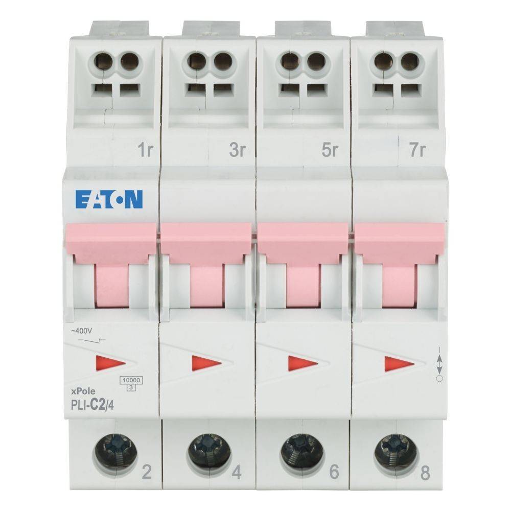 Bild eines Eaton xPole PLI-C24, ein vierpoliger Leistungsschalter mit sichtbaren Schaltern und Klemmverbindungen, die mit 1r, 3r, 5r, 7r beschriftet sind.