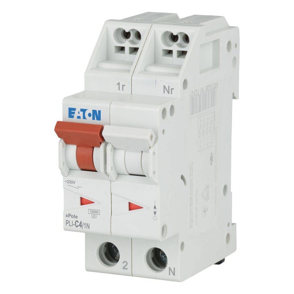 Ein Doppelpol-Leistungsschalter mit der Bezeichnung 'Eaton xPole PLI-C41/1N' mit zwei Schaltern und Anschlusspunkten, der zur elektrischen Stromkreisabsicherung verwendet wird.