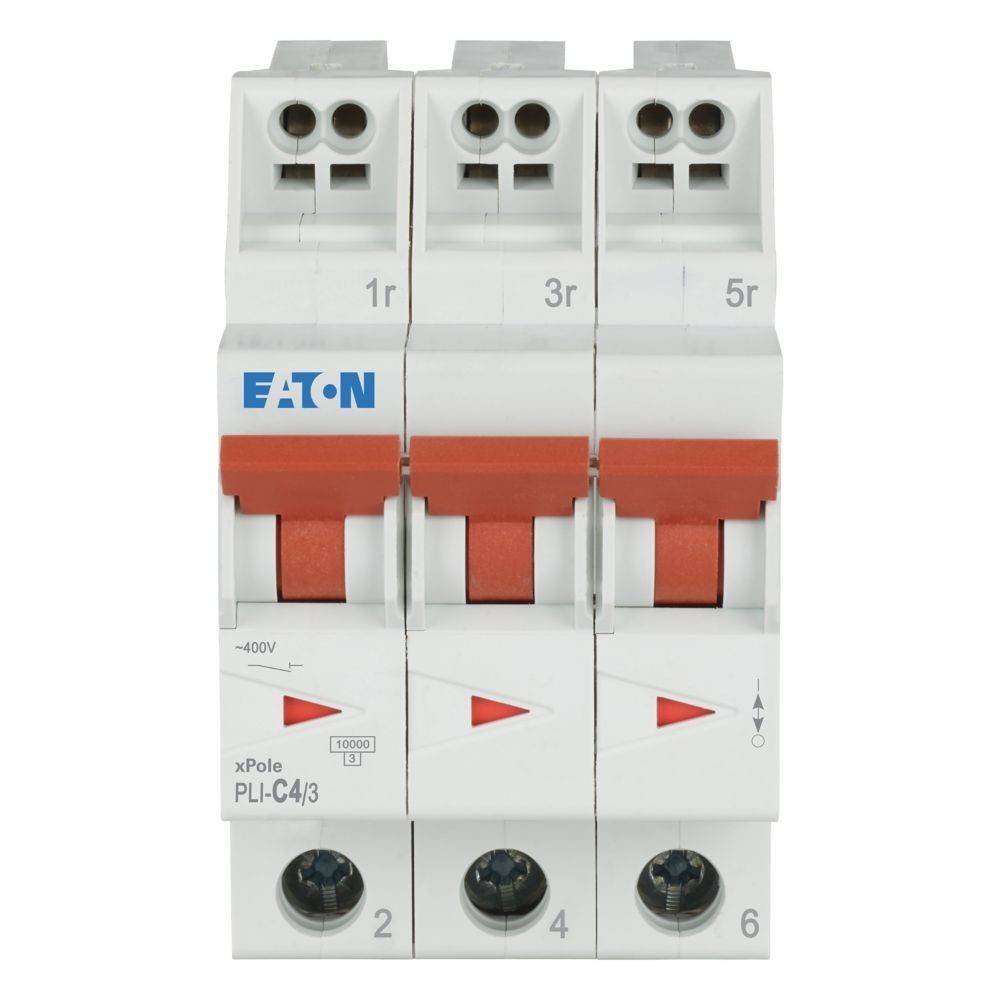 Eaton PLI-C4/3 Dreipol-Leistungsschalter mit roten Schalthebeln, beschriftet mit '1r', '3r', '5r', für elektrische Sicherheit und Steuerung.
