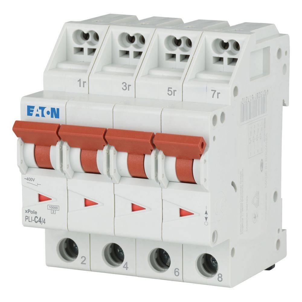 Ein Vier-Pol-Leistungsschalter mit roten Schaltern, beschriftet mit '1f', '3f', '5f' und '7f'. Der Markenname 'Eaton' ist auf der Vorderseite sichtbar.