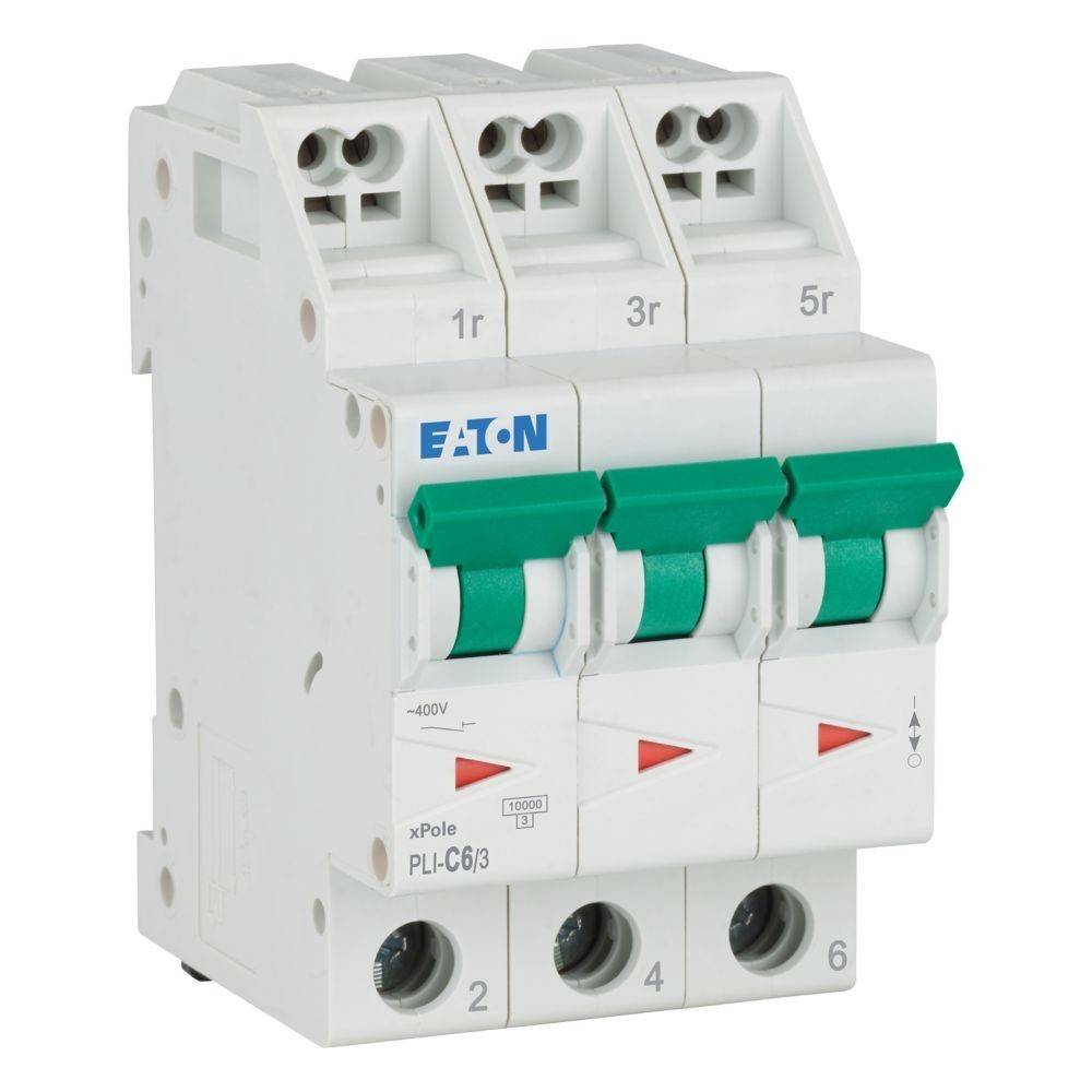 Dreipol-Leitungsschutzschalter mit grünen Schaltern, mit Firmenlogo 'Eaton' und Modell 'PL6-C63', für elektrische Sicherheitsanwendungen.