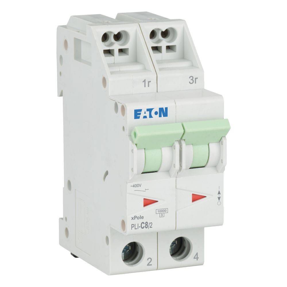 Ein weißer Zweipol-Sicherungsautomat mit zwei grünen Schaltern, beschriftet mit ‚Eaton' und ‚xPole PL1-C8/2'.