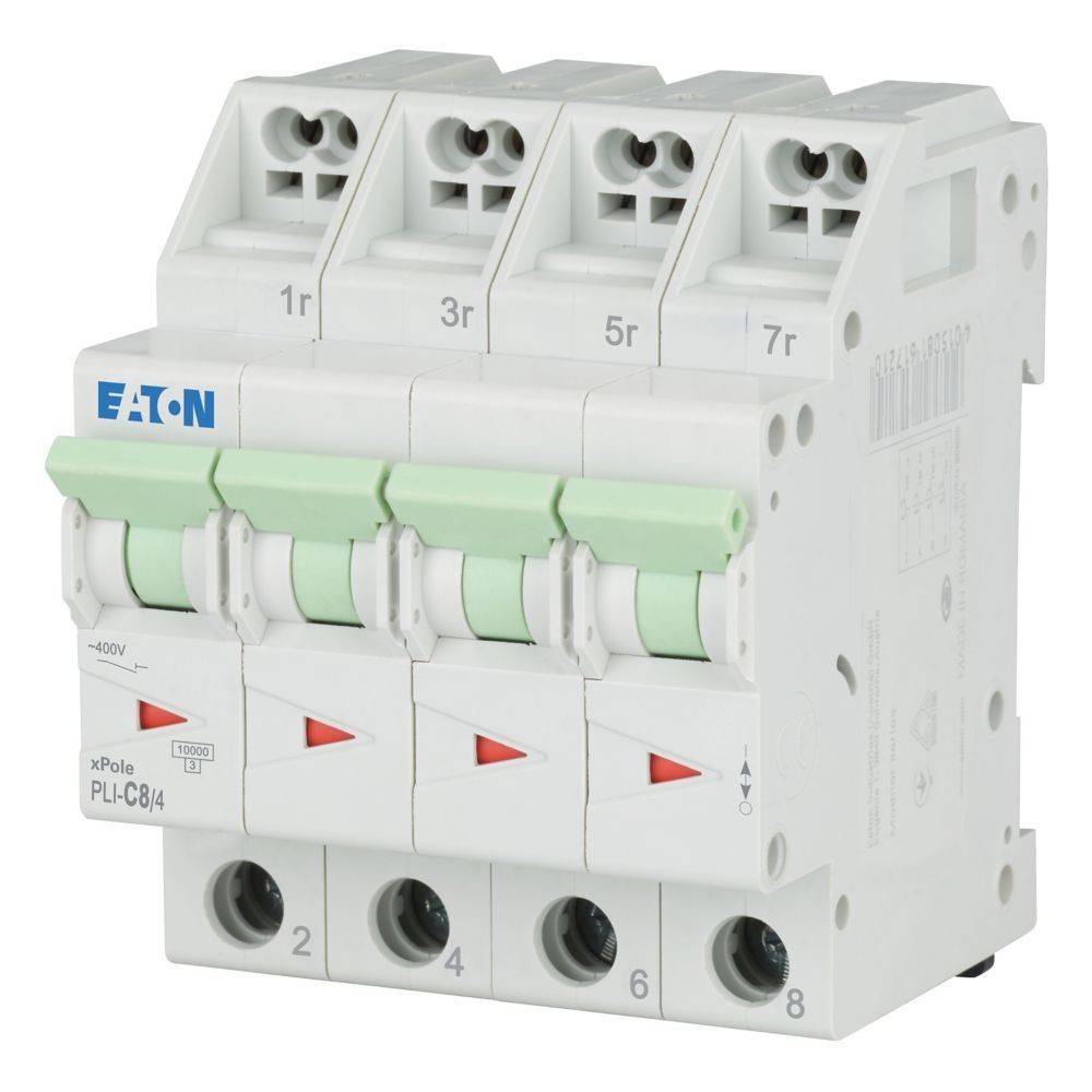 Eaton xPole PLC-B16 Leistungsschalter, vier Schalter, beschriftet mit 1f, 3r, 5r, 7r. Frontansicht mit grünen Hebeln und roten Anzeigen.