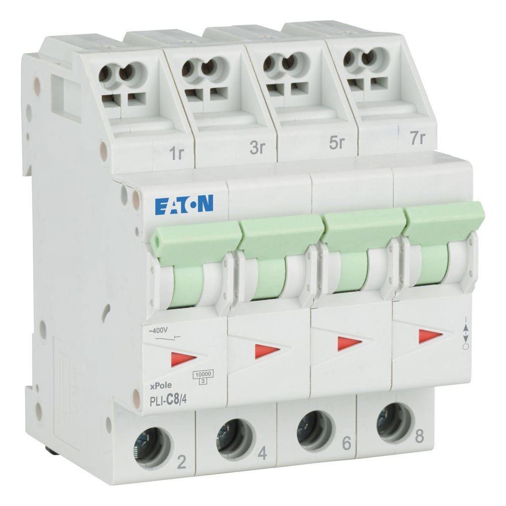 4-poliger Leistungsschalter, Modell PLI-C84, von Eaton. Mit beschrifteten Schaltern (1 bis 4) und Anschlussports (1 bis 8) für elektrische Systeme.