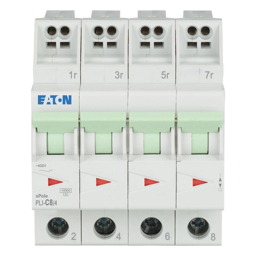 Vier Eaton-Leistungsschalter mit den Bezeichnungen '1r', '3r', '5r' und '7r', nebeneinander angeordnet, wobei die Umschalter in der Ausschaltposition gezeigt werden.