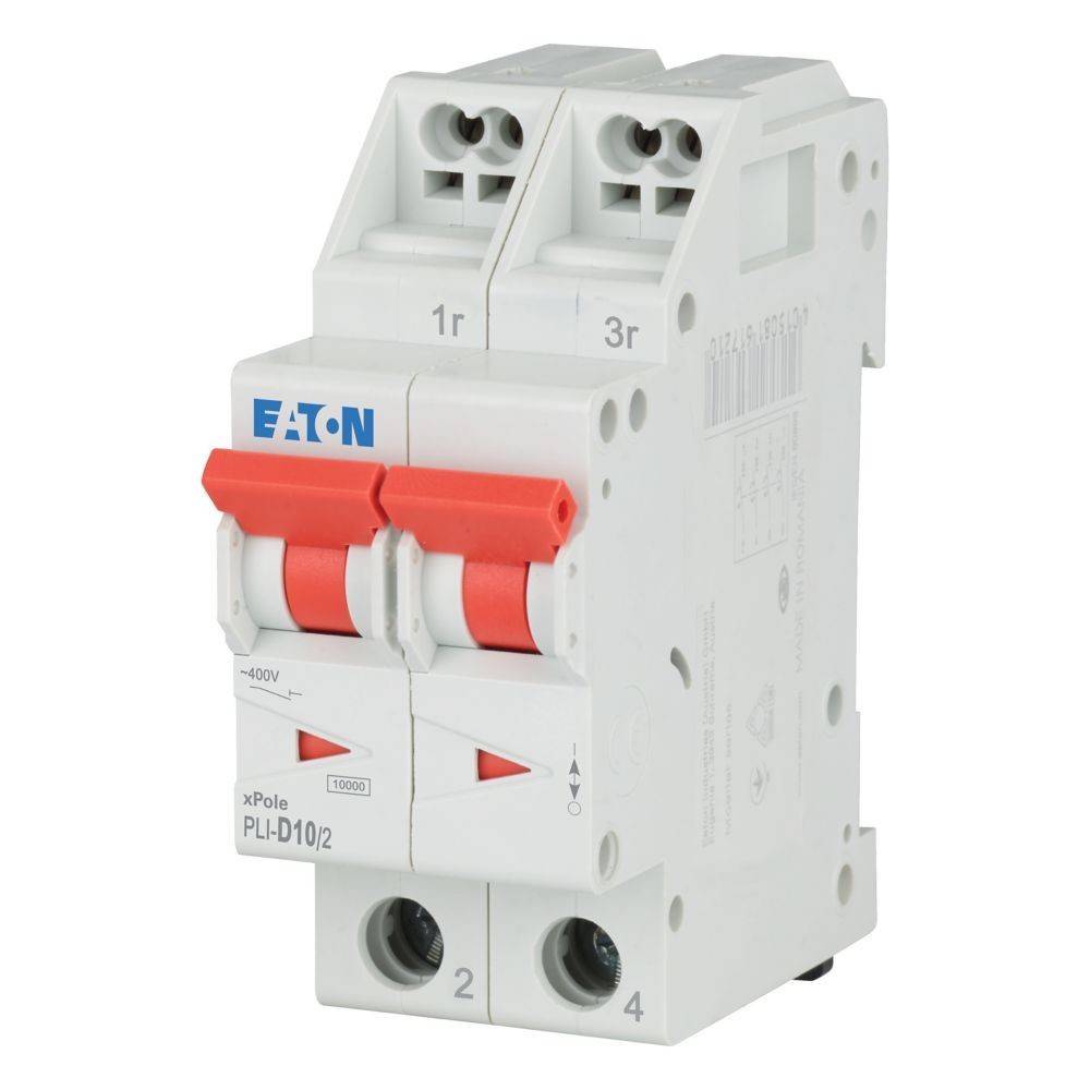 Zweipolige Sicherung mit roten Schaltern, beschriftet mit ‚Eaton xPole PL1-D10/2', die in elektrischen Systemen verwendet wird, um Überlastung und Kurzschlüsse zu verhindern.