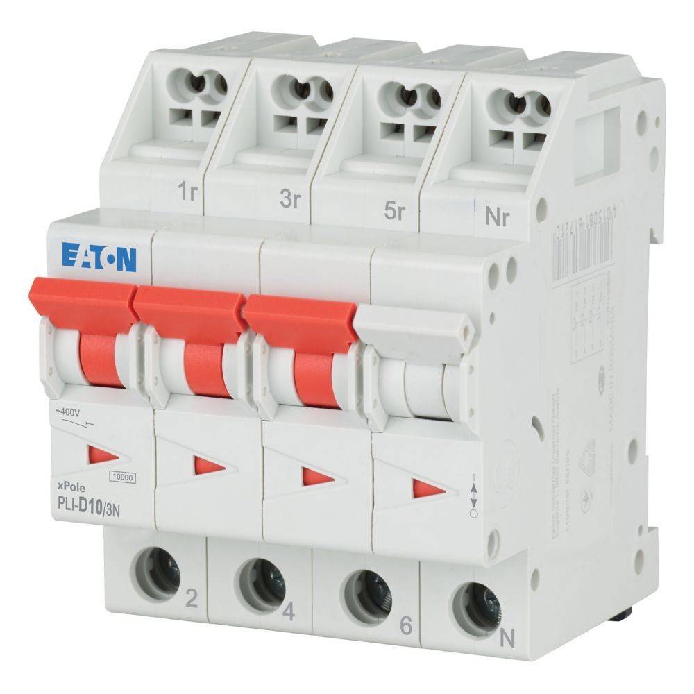 Ein weißer Vier-Pol-Schalter mit der Bezeichnung 'Eaton xPole PLD10/3N', ausgestattet mit roten Schaltern, die mit 1r, 3r, 5r und Nr für die elektrische Steuerung gekennzeichnet sind.