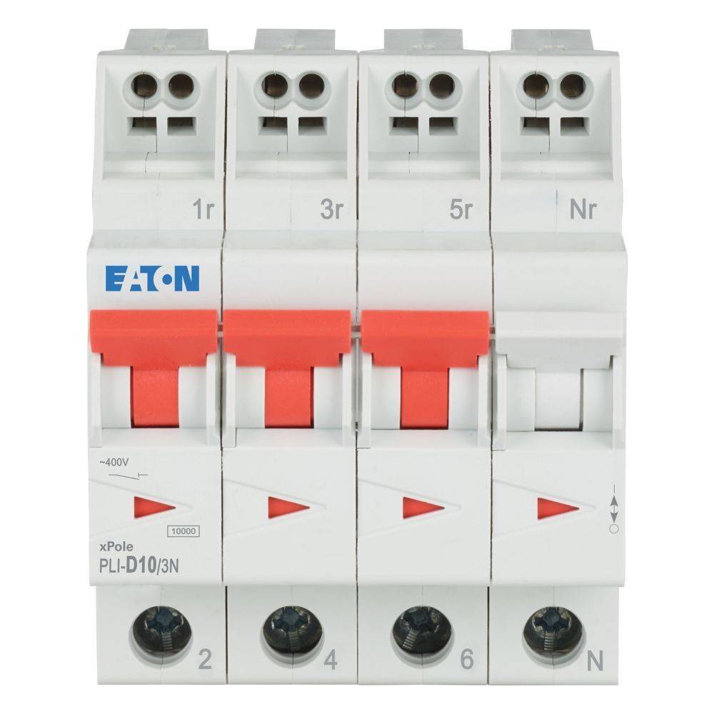 Eaton PLI-D10JN xPole Leistungsschalter mit vier Schaltern, beschriftet mit 1r, 3r, 5r und Nr, konzipiert für elektrische Verteilungssysteme.